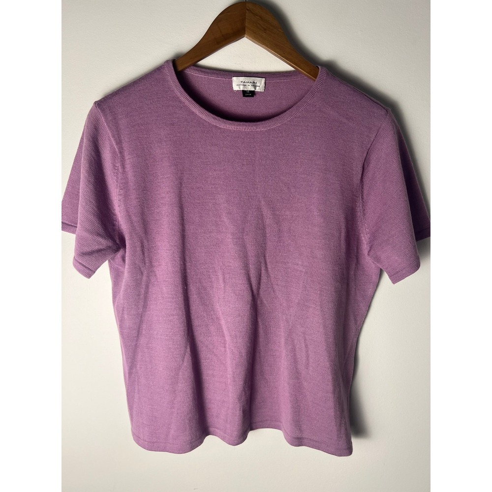 Tahari Sweater Top Wm 16 Purple Wool Blend Short Sleeve Crewneck Knit Minimal